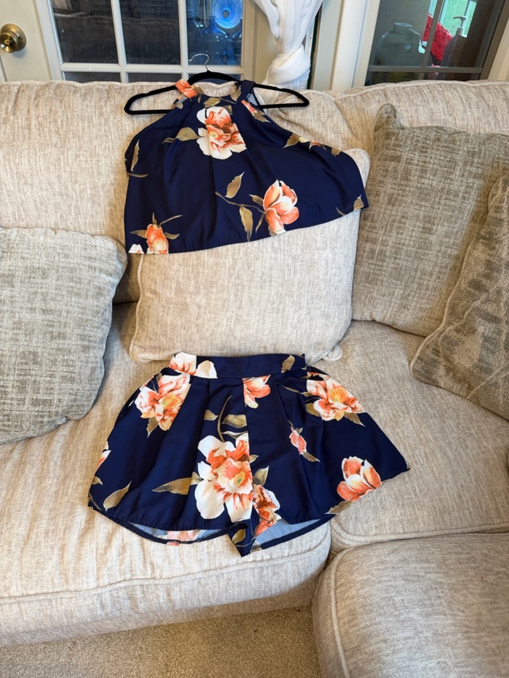 Medium Floral Navy and Peach Halter Set